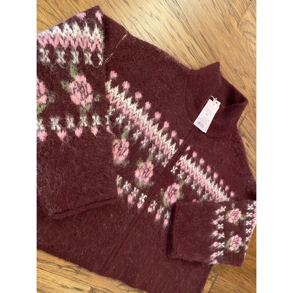 Wild Fable Burgundy Floral Fair Isle Zip Up Mock Neck Sweater XXL NWT